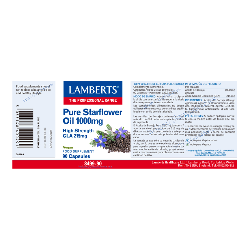 ACEITE DE BORRAJA PURO 1000mg(HIGH GLA215mg)90cap LAMBERTS