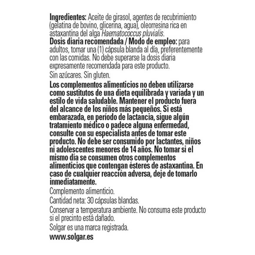 ASTAXANTINA 5mg. 30caps. blandas. SOLGAR