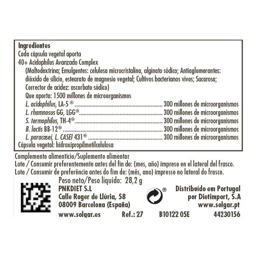 40 PLUS ACIDOPHILUS AVANZADO 60vegicaps. SOLGAR