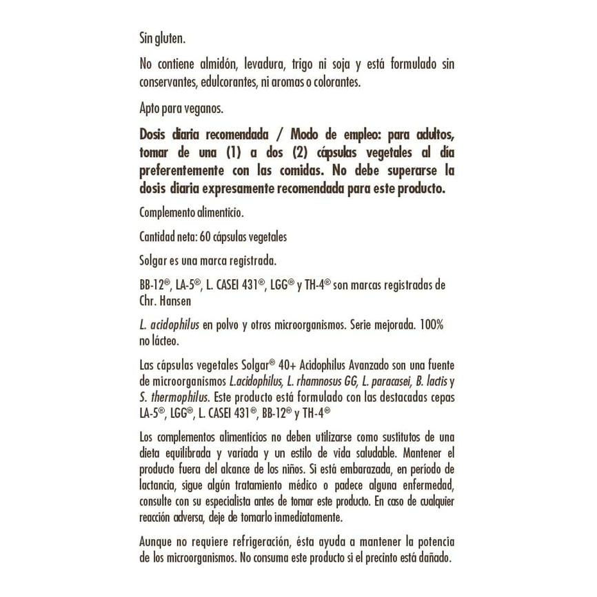 40 PLUS ACIDOPHILUS AVANZADO 60vegicaps. SOLGAR