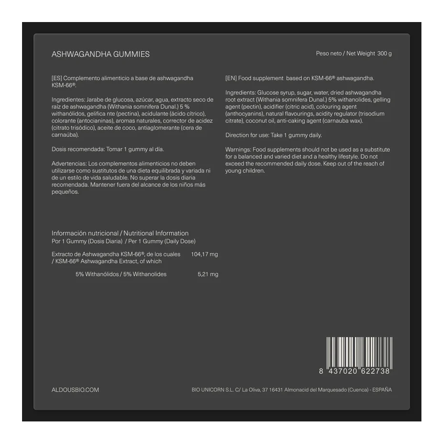 ASHWAGANDHA 120 GUMMIES SABOR NATURAL A CEREZA. ALDOUS