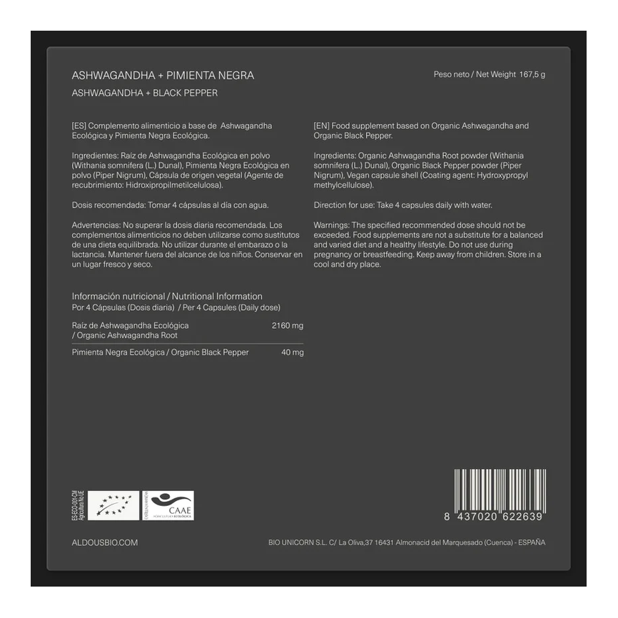 ASHWAGANDHA CON PIMIENTA NEGRA ECO BIO 250caps. ALDOUS