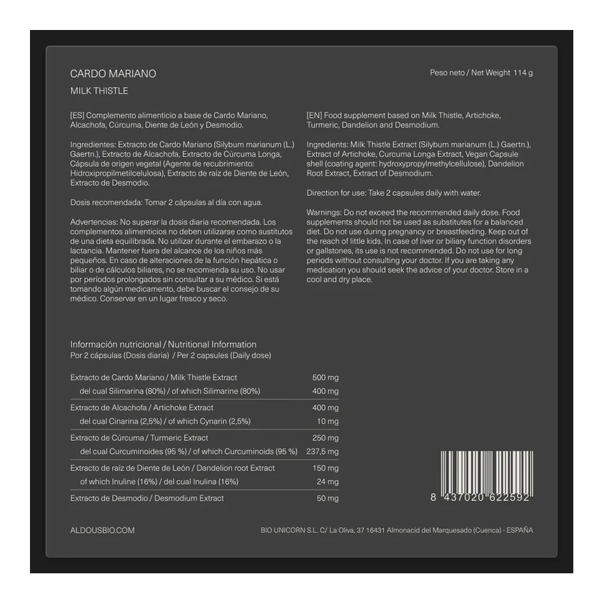 CARDO MARIANO CON ALCACHOFA, CURCUMA, DIENTE DE LEON Y DESMODIUM 150caps. ALDOUS