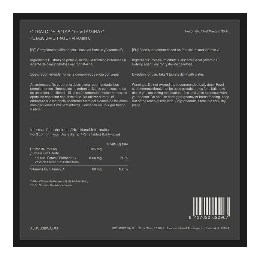 CITRATO DE POTASIO CON VITAMINA C 250compr: ALDOUS