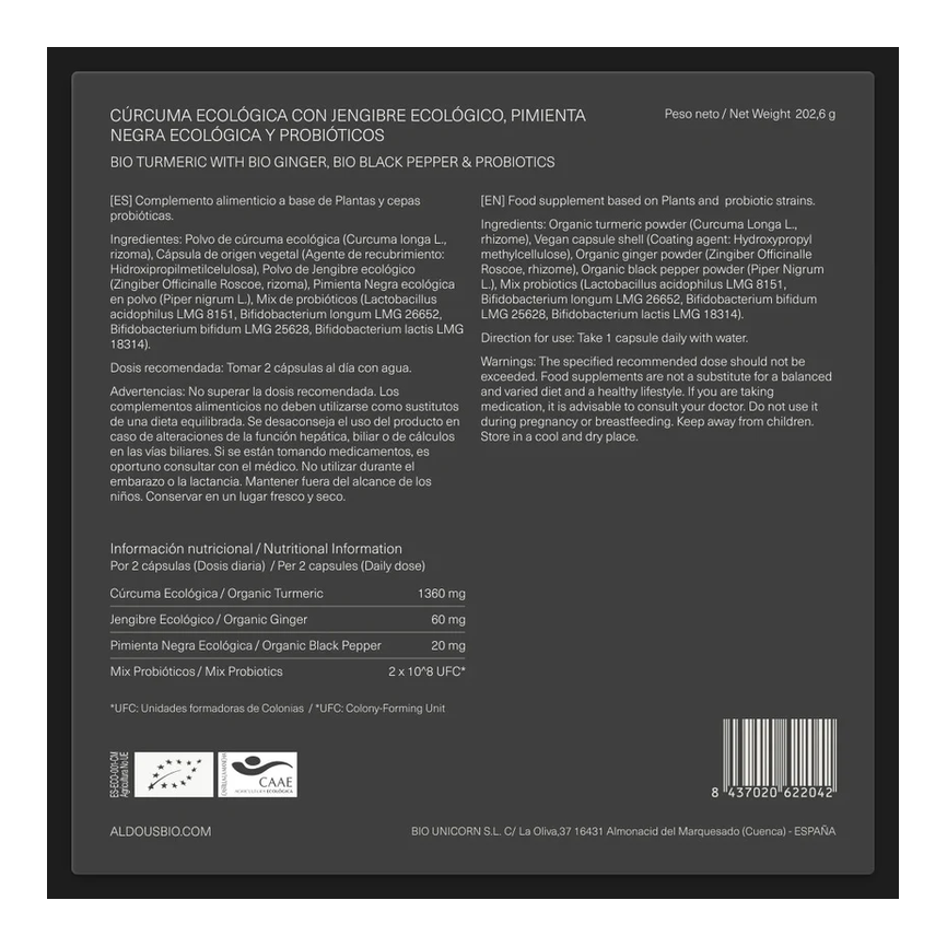 CURCUMA ECO CON JENGIBRE, PIMIENTA NEGRA Y PROBIOTICOS BIO 250caps. ALDOUS