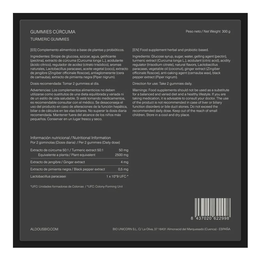 CURCUMA CON JENGIBRE Y PIMIENTA NEGRA + PROBIOTICOS 2500 MG 120 GOMINOLAS. ALDOUS