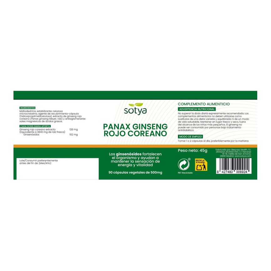 PANAX GINSENG ROJO COREANO 90vcaps. SOTYA