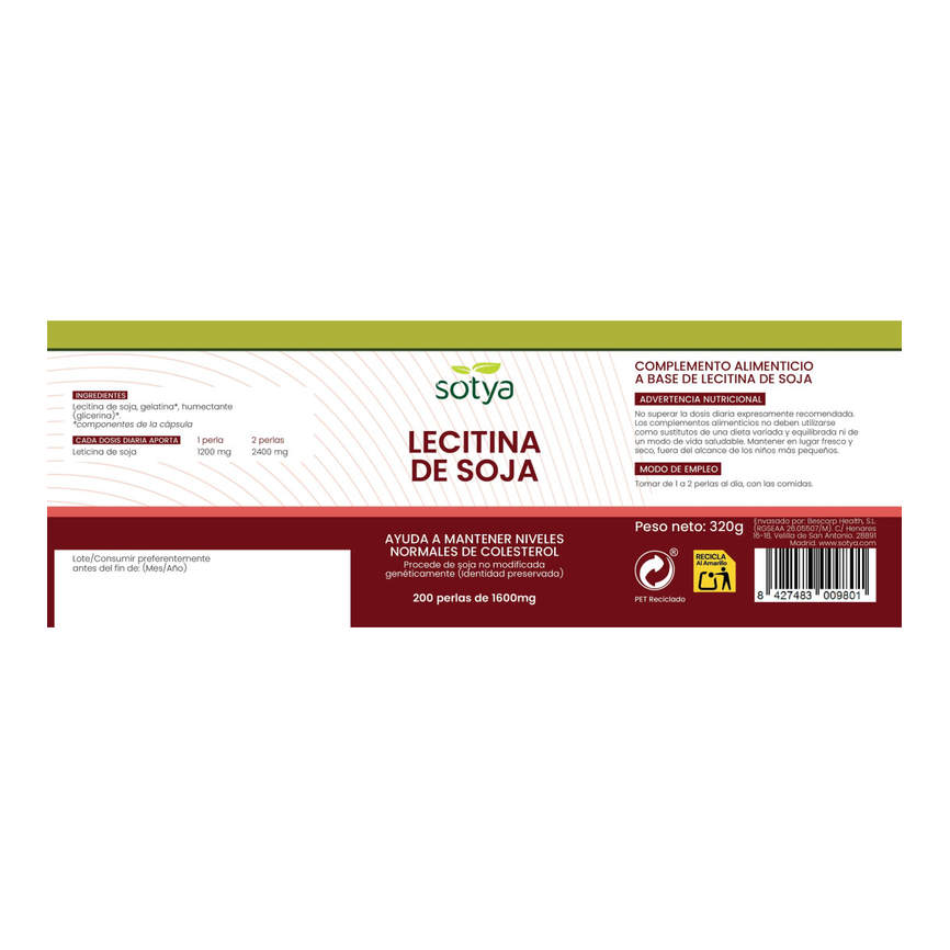 LECITINA SOJA 1600mg 200perlas. SOTYA