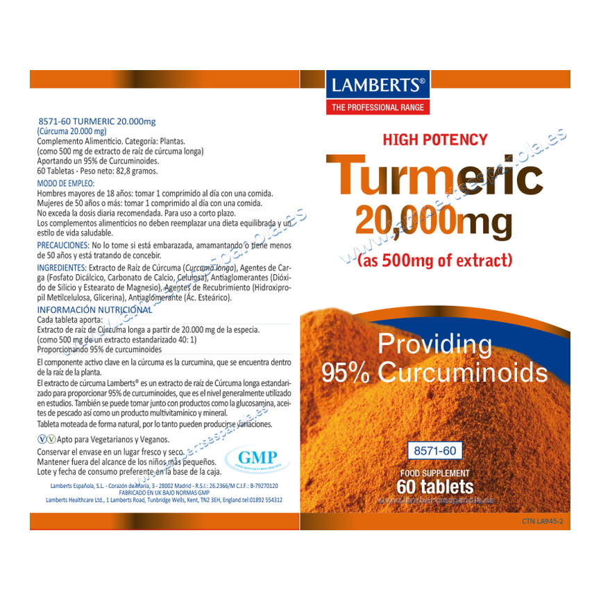 TURMERIC-CURCUMA 20.000mg. (95% de curcumina) 60comp. LAMBERTS