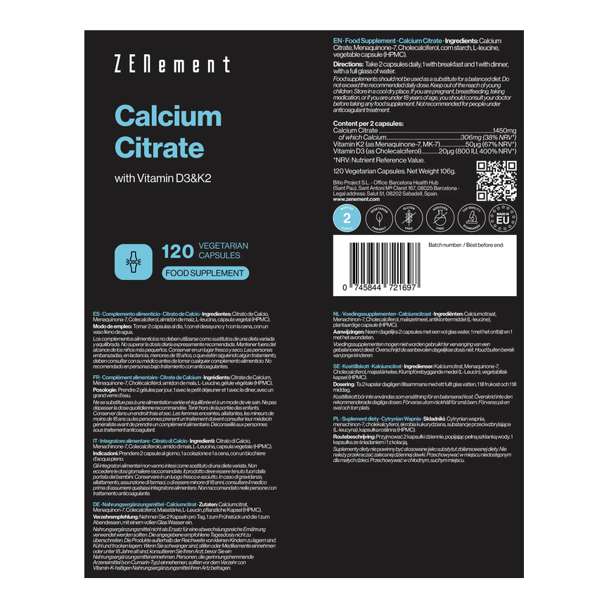 CITRATO DE CALCIO CON VITAMINA D3 y K2 120vcaps. ZENEMENT