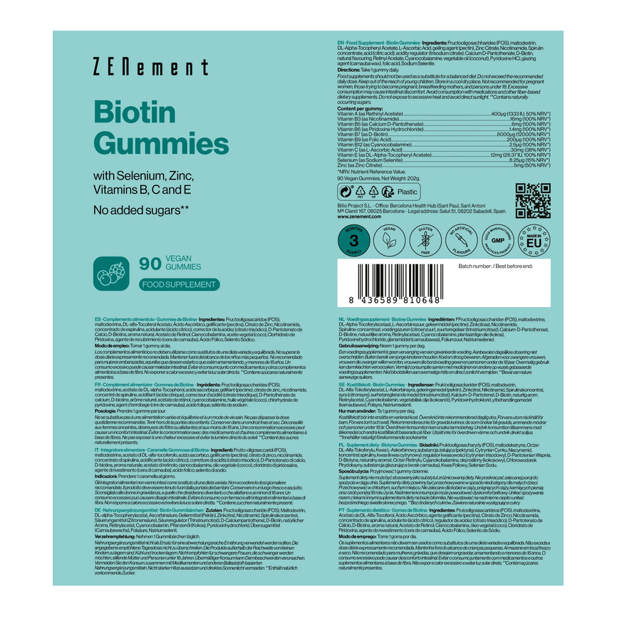 BIOTINA EN GUMMIES 90 Gominolas Veganas. ZENEMENT