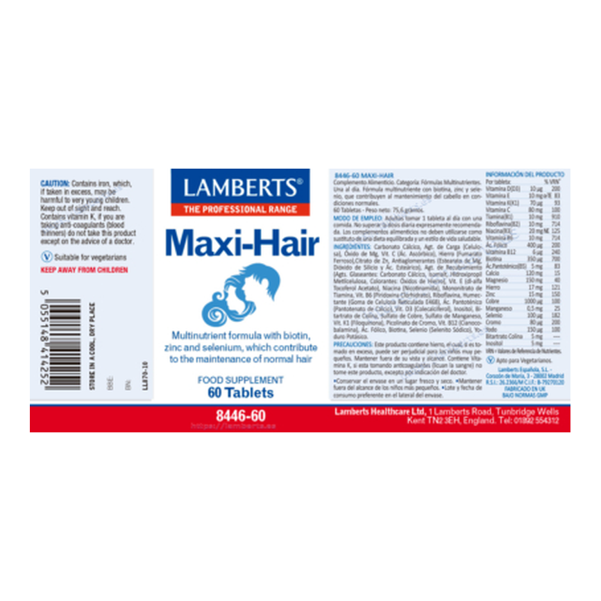 MAXI-HAIR cuidado del cabello para ella y para él. Sin Vitamina A 60tabl. LAMBERTS