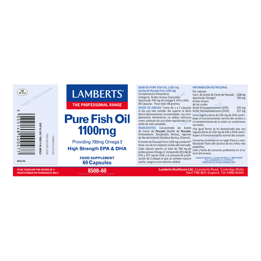 ACEITE DE PESCADO PURO-OMEGA 3 1100mg. 60caps. LAMBERTS