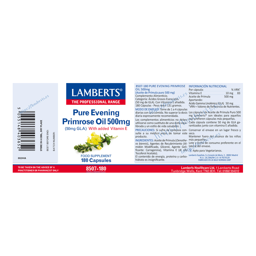 ACEITE DE PRIMULA U ONAGRA PURO + VIT E 500 mg. 180 caps. LAMBERTS