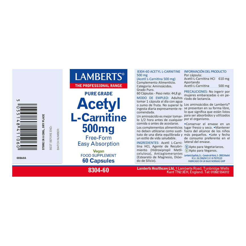 ACETIL L-CARNITINA 500 mg. 60 caps. LAMBERTS