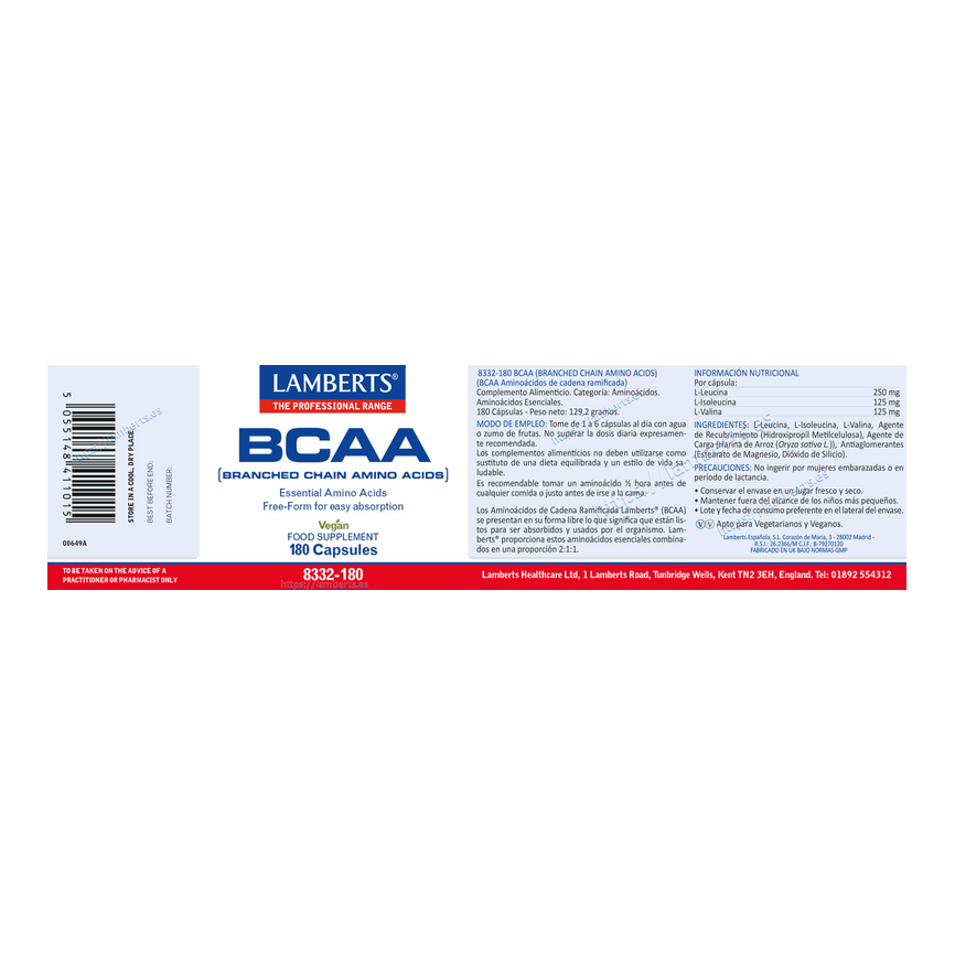 BCAA en Forma Libre. Aminoácidos esenciales. 180caps. LAMBERTS