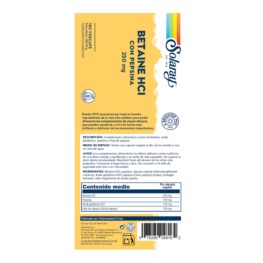 BETAINE HCL + PEPSIN 250mg 180vcap. SOLARAY